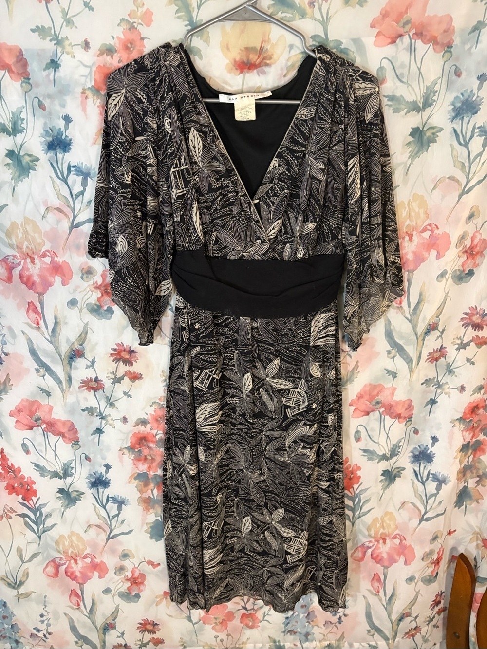 Vintage Black & Ivory Floral Wrap Dress with Contoured Waist